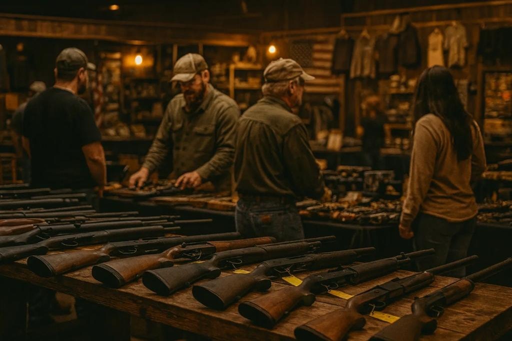 Gun show floor with vendors and customers